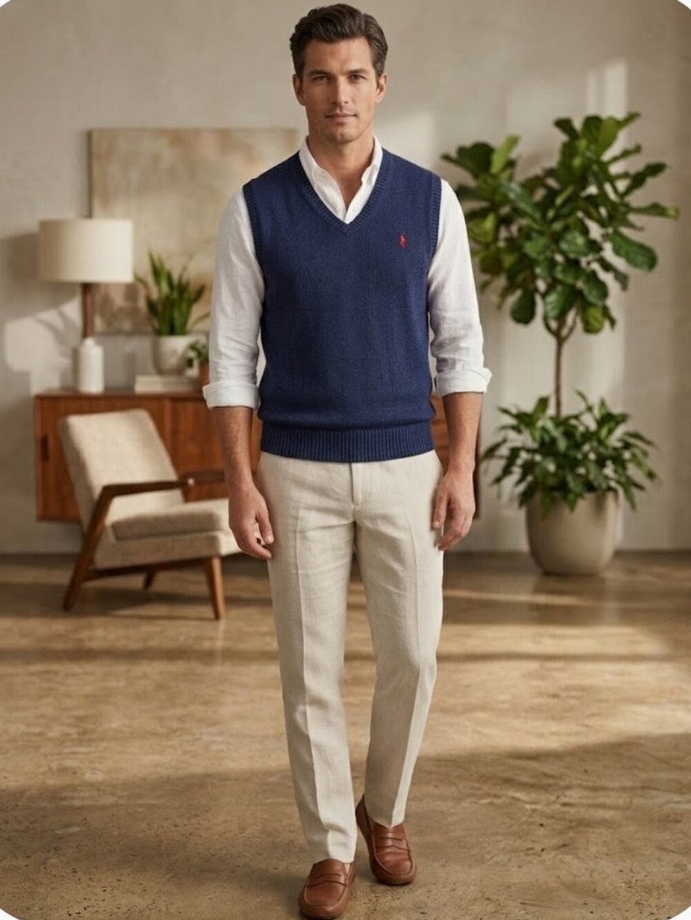 Polo by Ralph Lauren Mens Ribbed Linen Cotton Blend Blue Sweater Vest